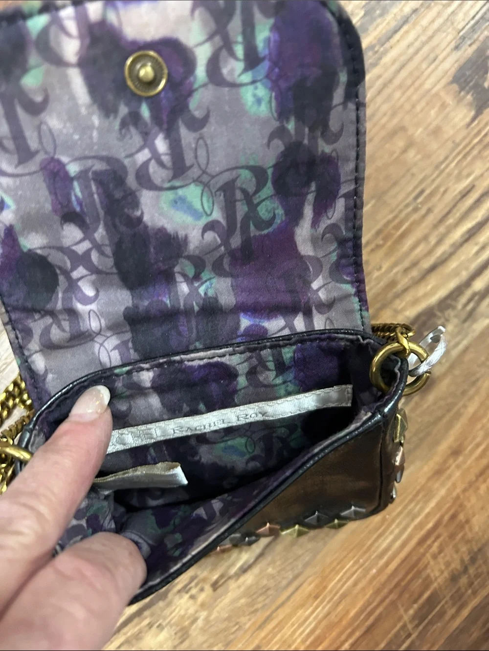 RACHEL Rachel Roy Black Crossbody with Mixed Metal Studs and Gold Chain